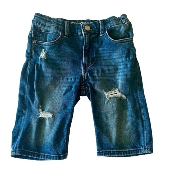 H & M super stretched distressed denim shorts blue pockets zipper snap Boys 7 - Picture 1 of 15